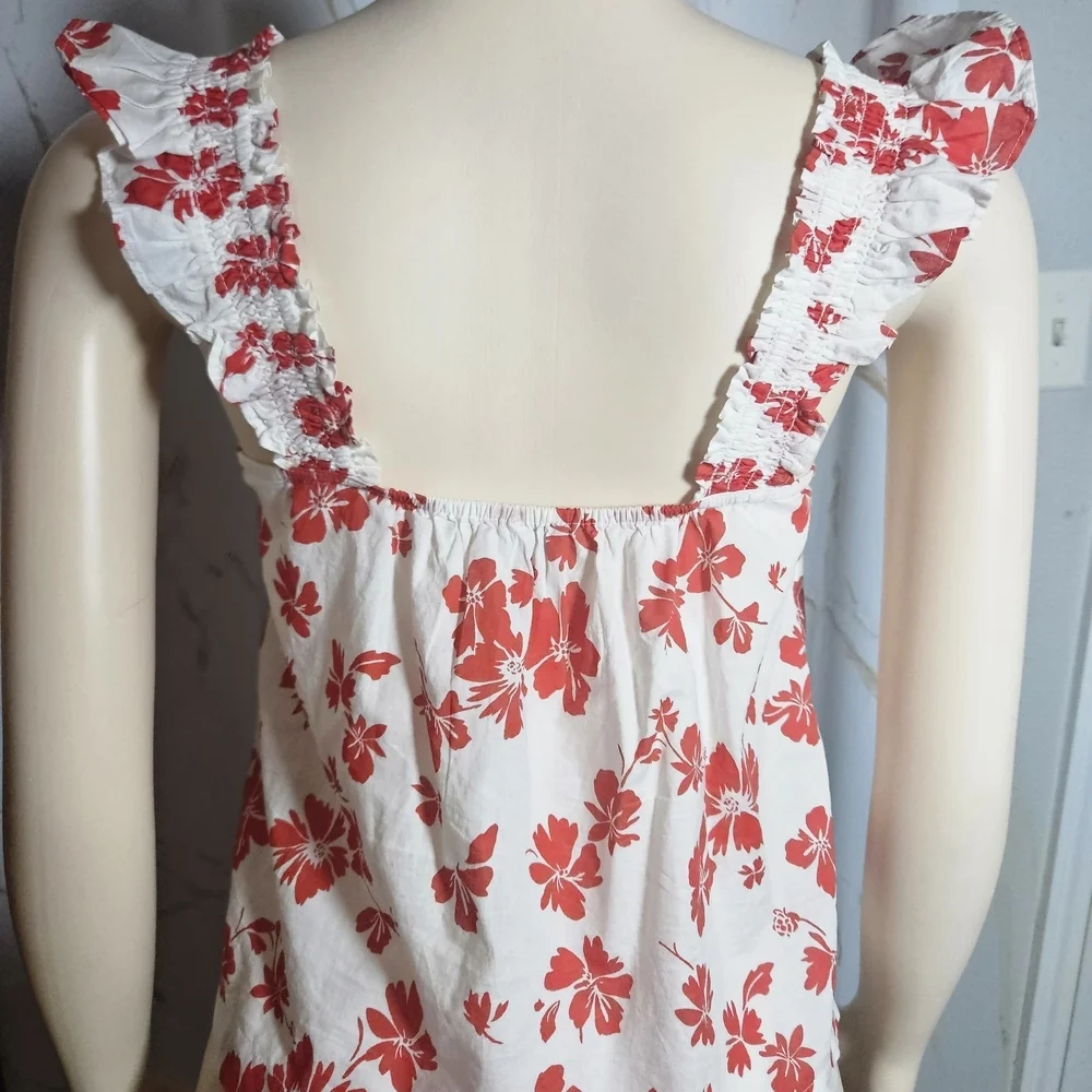 Floral Ruffle Sleeve Top - Red and White